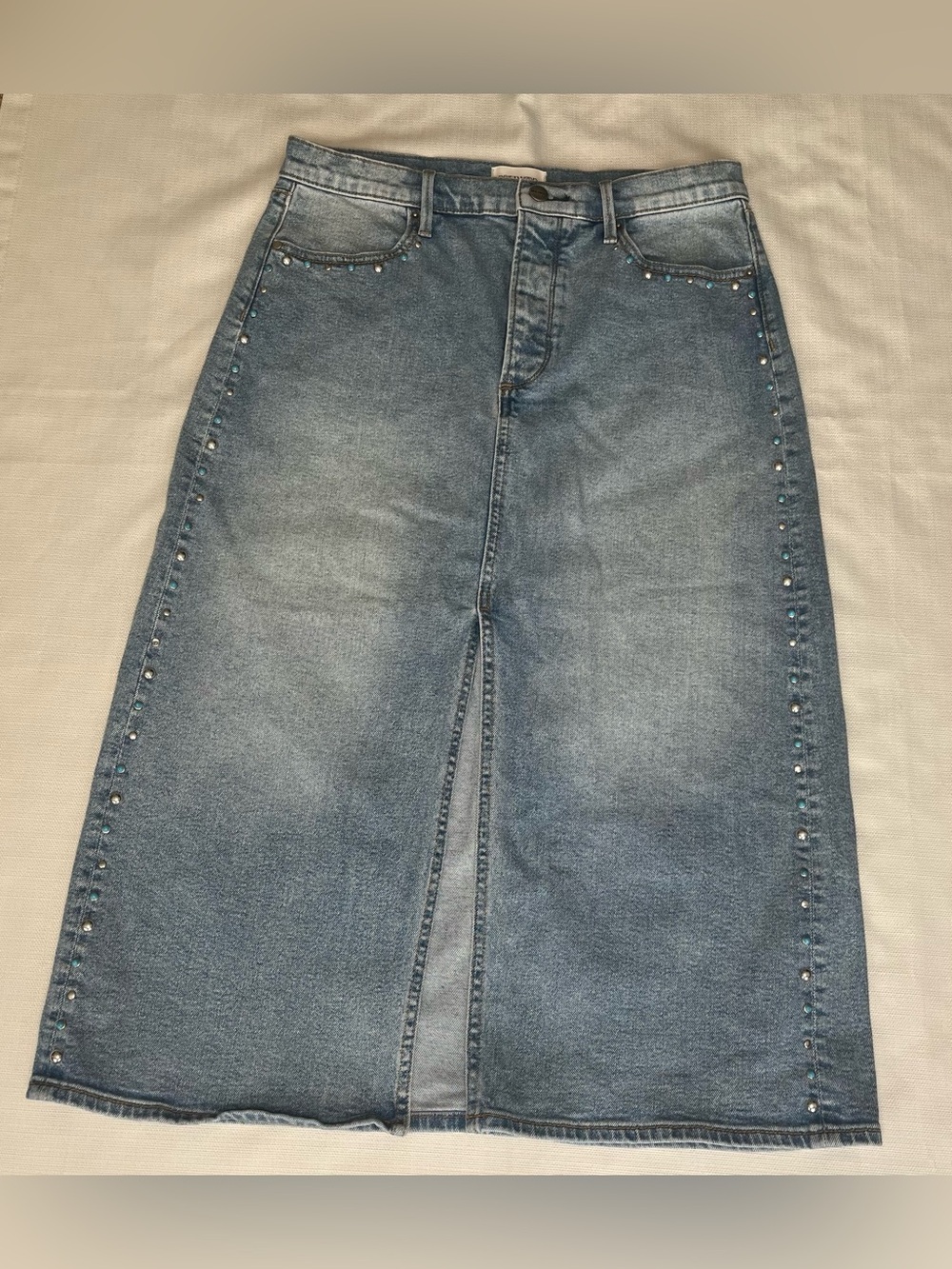 Driftwood Studded Denim Maxi Skirt Studded Detail Front Slit Y2K Western Glam